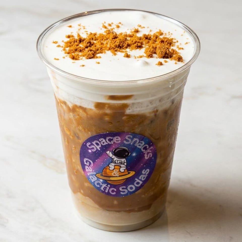Layered iced coffee topped with whipped cream and brown sugar crumbs in a Space Snacks Galactic Sodas cup.