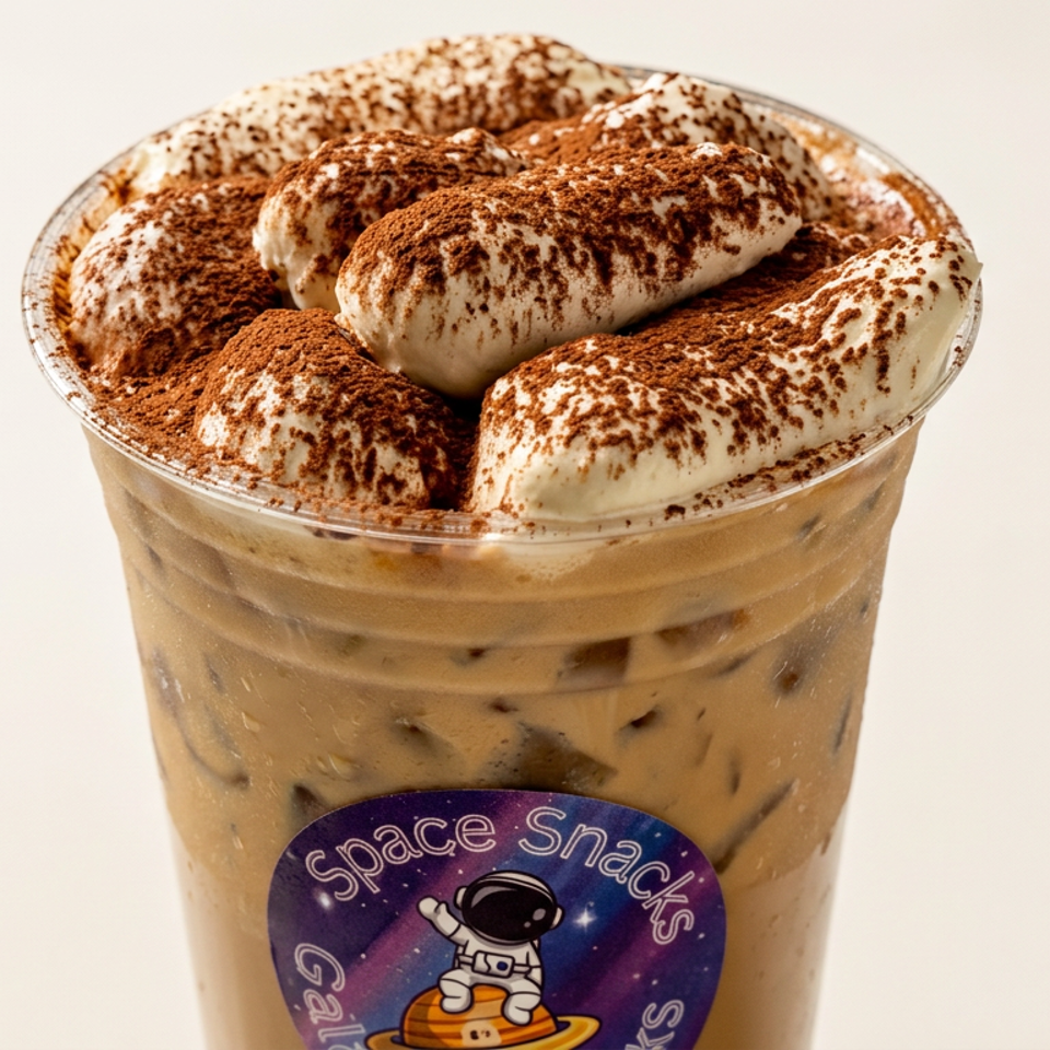 Clear cup of iced coffee topped with whipped cream and cocoa powder, bearing a Space Snacks astronaut label.