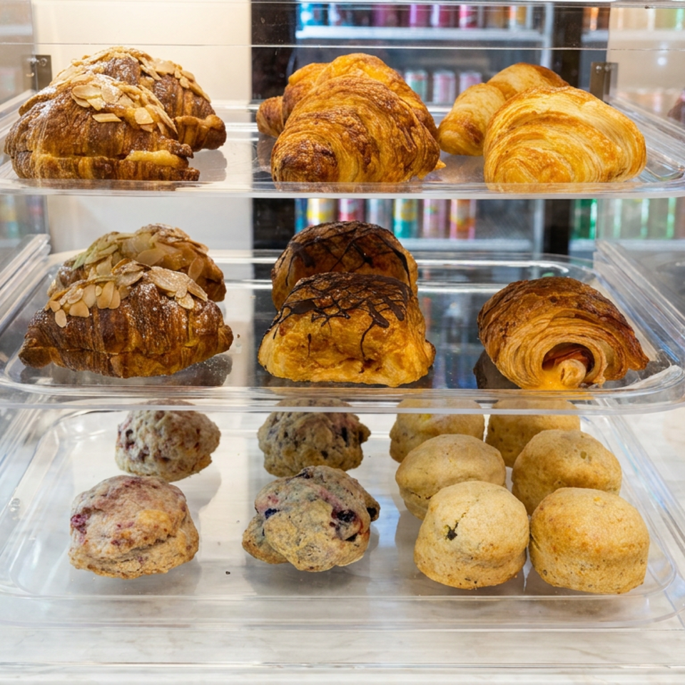 Clear bakery case displaying almond pastries, croissants, chocolate-drizzled pastries, and assorted cookies on three shelves.