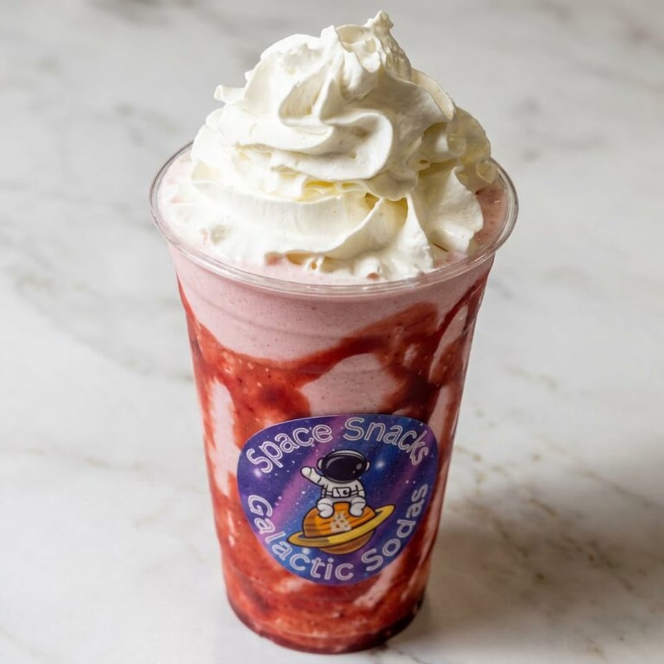 Strawberry milkshake swirled with berry sauce, topped with whipped cream in a Space Snacks Galactic Solids cup.