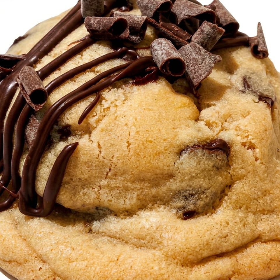 Oversized chocolate chip cookie topped with chocolate drizzle and curled chocolate shavings on a white background.