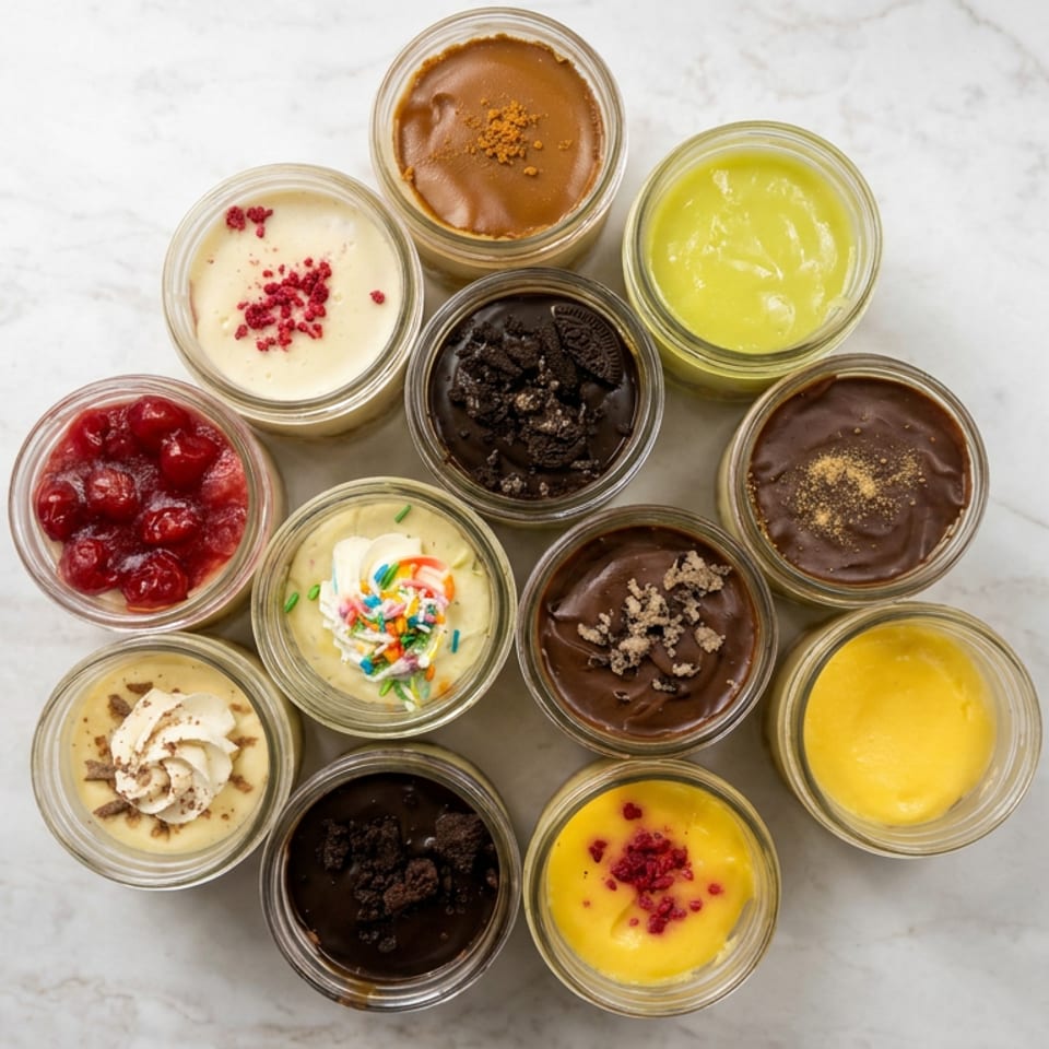 Overhead view of assorted colorful dessert cups topped with fruit, cookies, crumbs, whipped cream, and sprinkles on marble.