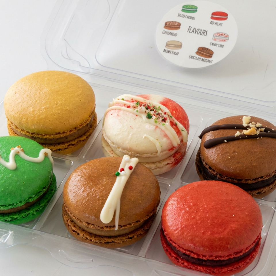 Six colorful macarons in a clear bakery container, decorated with icing, sprinkles, chocolate drizzle, and themed toppings.