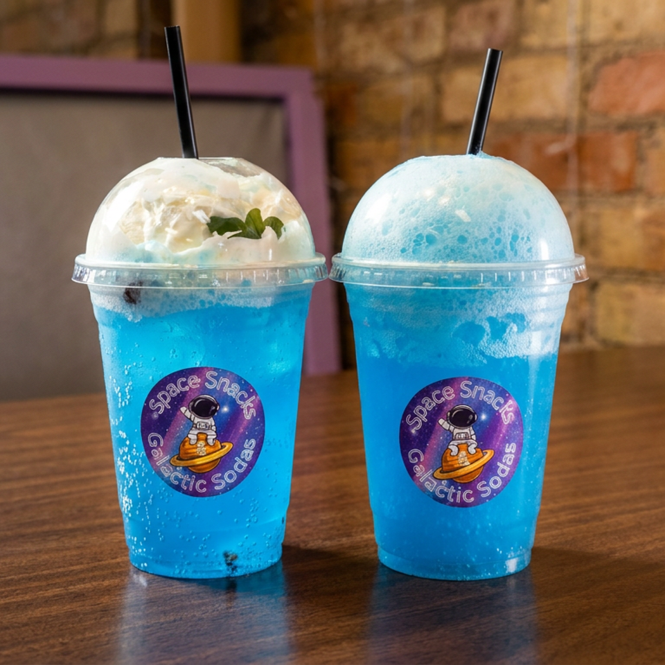 Two bright blue galaxy sodas topped with white foam sit on a wooden table against a brick wall.